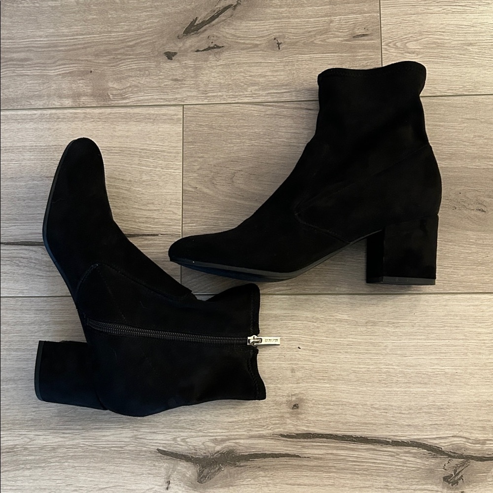 Black Suede Block Heel Ankle Boots - Women's